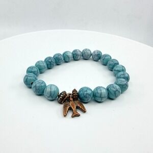 VTG Y2K Faux Turquoise Beaded Stretch Bracelet Copper Tone Bird Charm Boho Retro